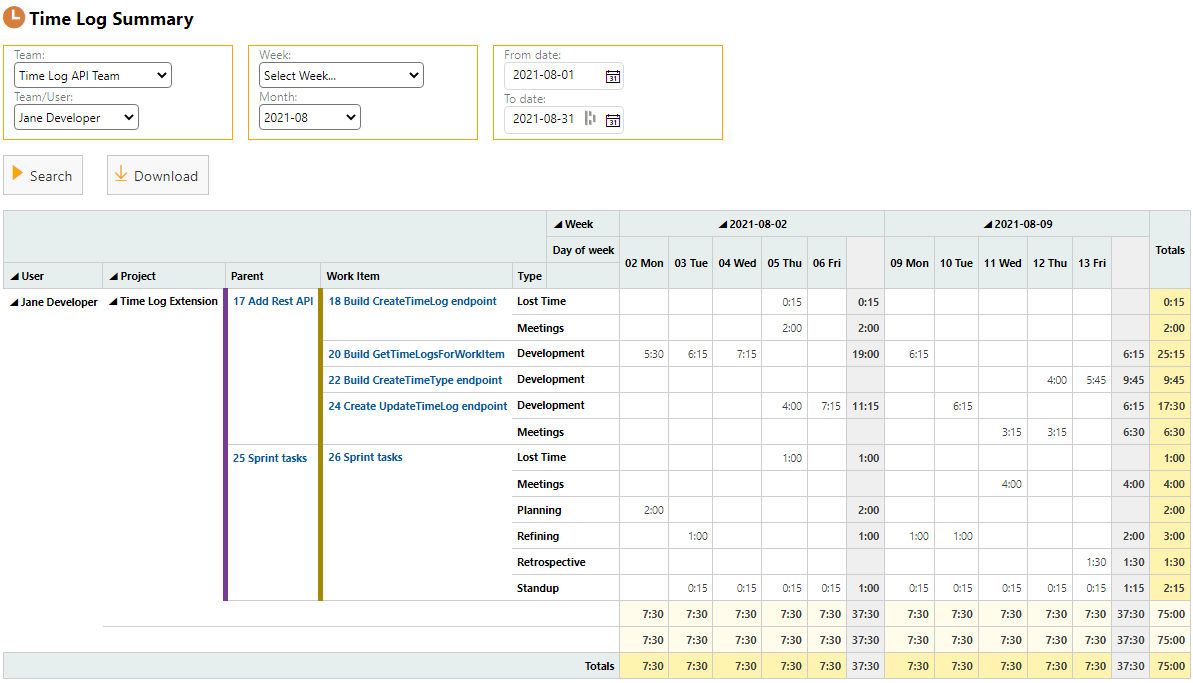 Time log summary alt text